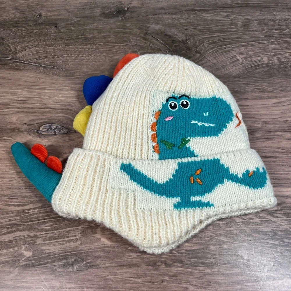 Dinosaur Beanie Kids OS Cream Teal 3D Spikes Thick Earflap Knit Hat